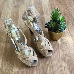 Stuart Weitzman Cork Open Toe Buckle Stacked Heels